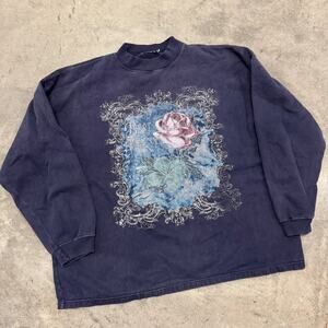 Vintag Y2K Floral American Navy Rose Longsleeeve Mock Neck Pullover Sweatshirt L